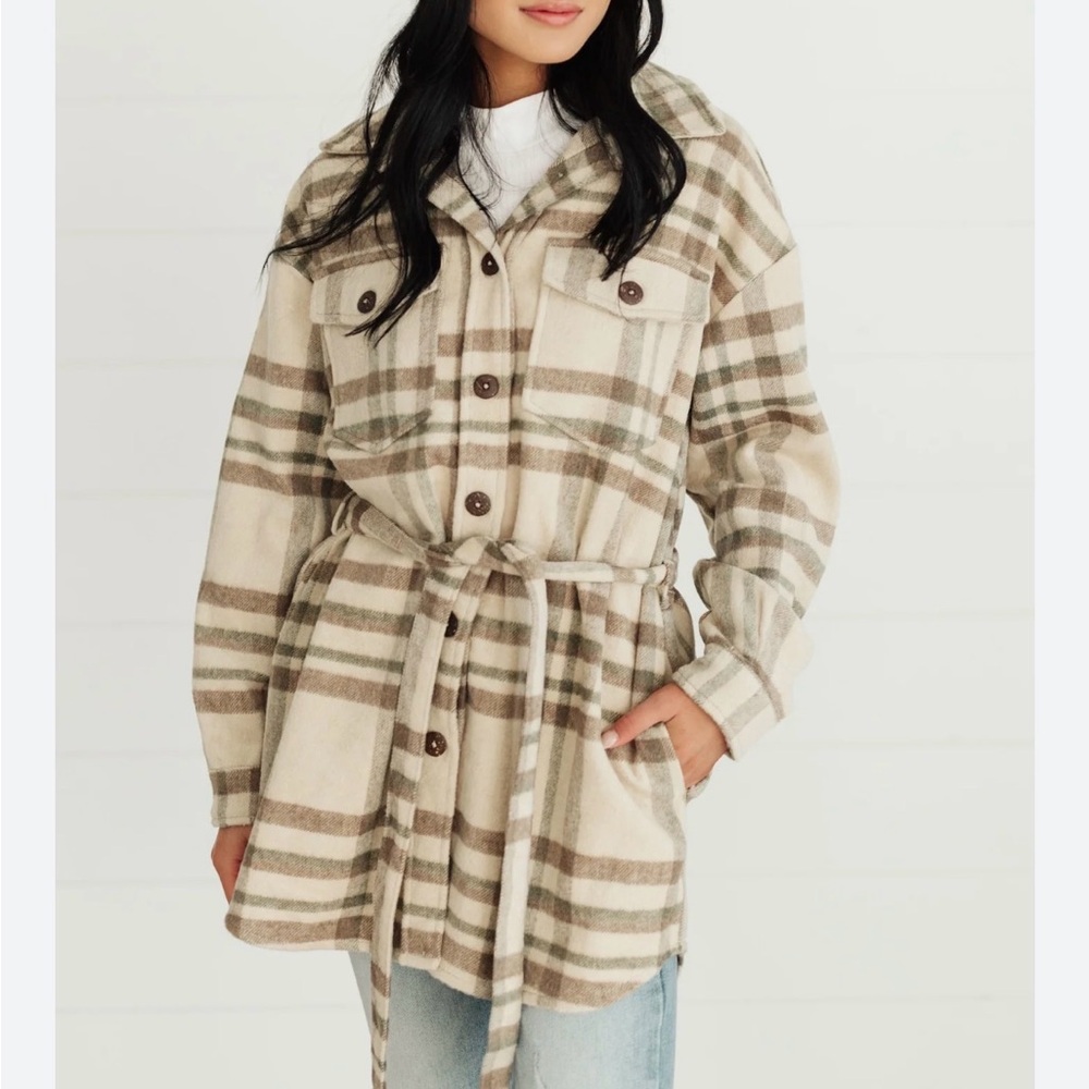 Oat cream Belted Plaid shacket Jacket Cardigan longline L